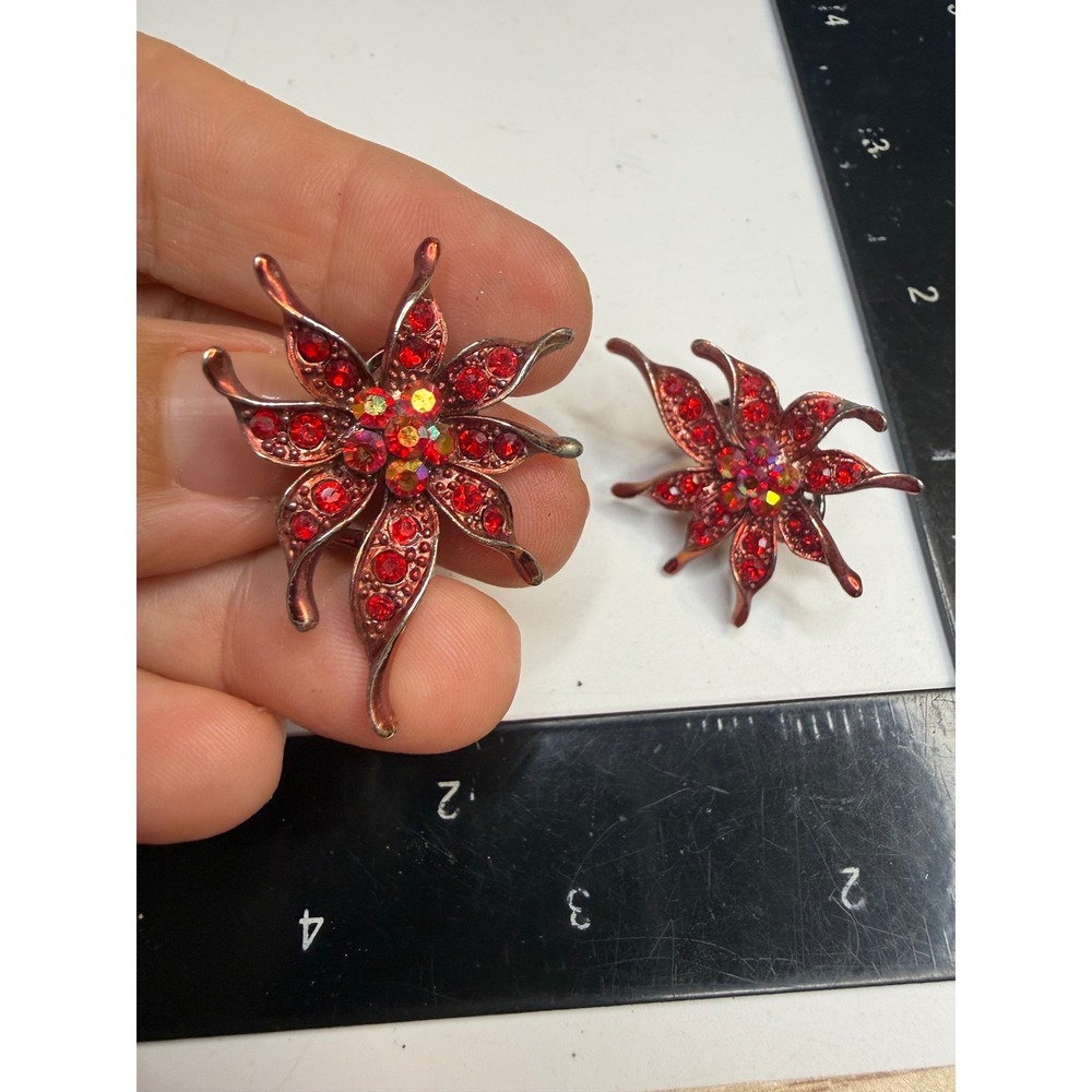 Red Rhinestone Flower Brooch and Earring Set Copper Tone Floral Jewelry